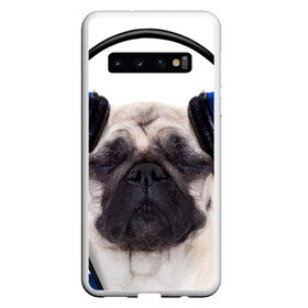 Чехол для Samsung Galaxy S10 с принтом Мопс в наушниках в Белгороде, Силикон | Область печати: задняя сторона чехла, без боковых панелей | дворняжка | домашние животные | любимец | мопс | пес | песик | питомец | собака | собачка
