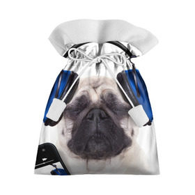 Подарочный 3D мешок с принтом Мопс в наушниках в Белгороде, 100% полиэстер | Размер: 29*39 см | Тематика изображения на принте: дворняжка | домашние животные | любимец | мопс | пес | песик | питомец | собака | собачка