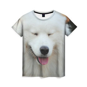 Женская футболка 3D с принтом Самоед в Белгороде, 100% полиэфир ( синтетическое хлопкоподобное полотно) | прямой крой, круглый вырез горловины, длина до линии бедер | далматин | лабрадор | любимец | овчарка | пес | питомец | самоед | собака | собачка | щенок