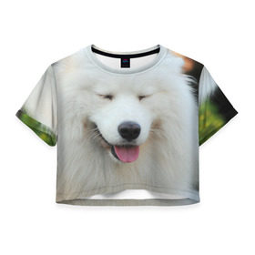 Женская футболка 3D укороченная с принтом Самоед в Белгороде, 100% полиэстер | круглая горловина, длина футболки до линии талии, рукава с отворотами | Тематика изображения на принте: далматин | лабрадор | любимец | овчарка | пес | питомец | самоед | собака | собачка | щенок