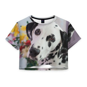 Женская футболка 3D укороченная с принтом Далматин в Белгороде, 100% полиэстер | круглая горловина, длина футболки до линии талии, рукава с отворотами | акита | акита ину | далматин | далматинец | дворняга | ину | лабрадор | любимец | овчарка | пес | питомец | самоед | сиба | сиба ину | собака | собачка | щенок