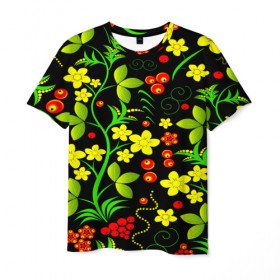 Мужская футболка 3D с принтом Natural flowers в Белгороде, 100% полиэфир | прямой крой, круглый вырез горловины, длина до линии бедер | flower | орнамент | паттерн | хохлома | цветы