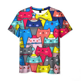 Мужская футболка 3D с принтом Котики в Белгороде, 100% полиэфир | прямой крой, круглый вырез горловины, длина до линии бедер | кошки | паттерн | разноцветный | яркий