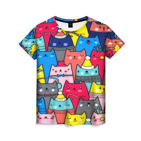 Женская футболка 3D с принтом Котики в Белгороде, 100% полиэфир ( синтетическое хлопкоподобное полотно) | прямой крой, круглый вырез горловины, длина до линии бедер | Тематика изображения на принте: кошки | паттерн | разноцветный | яркий