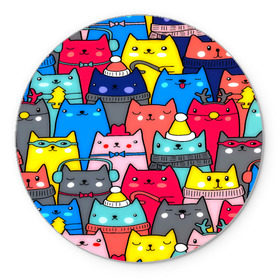 Коврик круглый с принтом Котики в Белгороде, резина и полиэстер | круглая форма, изображение наносится на всю лицевую часть | кошки | паттерн | разноцветный | яркий