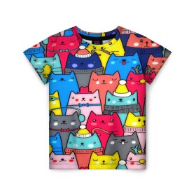 Детская футболка 3D с принтом Котики в Белгороде, 100% гипоаллергенный полиэфир | прямой крой, круглый вырез горловины, длина до линии бедер, чуть спущенное плечо, ткань немного тянется | кошки | паттерн | разноцветный | яркий