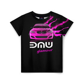 Детская футболка 3D с принтом BMW glamour в Белгороде, 100% гипоаллергенный полиэфир | прямой крой, круглый вырез горловины, длина до линии бедер, чуть спущенное плечо, ткань немного тянется | Тематика изображения на принте: bmw | m5 | pink | авто | автомобиль | бмв | гламур | машина | розовый | стиль | тачка | элита
