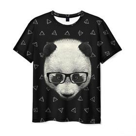 Мужская футболка 3D с принтом Умная панда в Белгороде, 100% полиэфир | прямой крой, круглый вырез горловины, длина до линии бедер | animal | bear | beast | hipster | panda | smart | животное | зверь | медведь | очки | панда | свэг | умный | хипстер