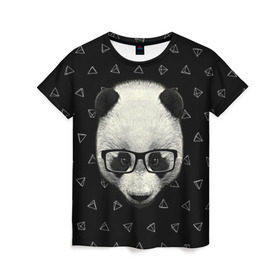 Женская футболка 3D с принтом Умная панда в Белгороде, 100% полиэфир ( синтетическое хлопкоподобное полотно) | прямой крой, круглый вырез горловины, длина до линии бедер | animal | bear | beast | hipster | panda | smart | животное | зверь | медведь | очки | панда | свэг | умный | хипстер