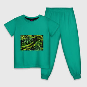 Детская пижама хлопок с принтом Листья в Белгороде, 100% хлопок |  брюки и футболка прямого кроя, без карманов, на брюках мягкая резинка на поясе и по низу штанин
 | Тематика изображения на принте: зеленый | листва | паттерн