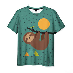 Мужская футболка 3D с принтом Довольный ленивец в Белгороде, 100% полиэфир | прямой крой, круглый вырез горловины, длина до линии бедер | Тематика изображения на принте: animal | art | bear | beast | nature | sun | арт | животное | зверь | лето | медведь | мишка | природа | солнце