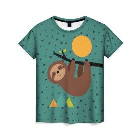 Женская футболка 3D с принтом Довольный ленивец в Белгороде, 100% полиэфир ( синтетическое хлопкоподобное полотно) | прямой крой, круглый вырез горловины, длина до линии бедер | animal | art | bear | beast | nature | sun | арт | животное | зверь | лето | медведь | мишка | природа | солнце