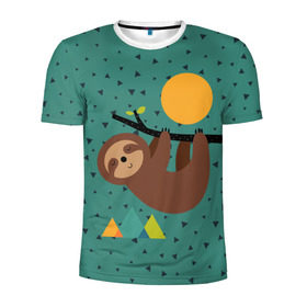 Мужская футболка 3D спортивная с принтом Довольный ленивец в Белгороде, 100% полиэстер с улучшенными характеристиками | приталенный силуэт, круглая горловина, широкие плечи, сужается к линии бедра | animal | art | bear | beast | nature | sun | арт | животное | зверь | лето | медведь | мишка | природа | солнце