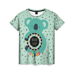 Женская футболка 3D с принтом Мечтающая коала в Белгороде, 100% полиэфир ( синтетическое хлопкоподобное полотно) | прямой крой, круглый вырез горловины, длина до линии бедер | animal | dream | hunter | koala | животное | зверь | коала | ловец снов | мечта