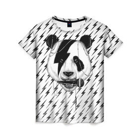 Женская футболка 3D с принтом Панда вокалист в Белгороде, 100% полиэфир ( синтетическое хлопкоподобное полотно) | прямой крой, круглый вырез горловины, длина до линии бедер | animal | bear | beast | metal | music | nature | panda | rock | sound | vocal | вокал | животное | зверь | звук | медведь | меломан | метал | мишка | музыка | панда | природа | рок