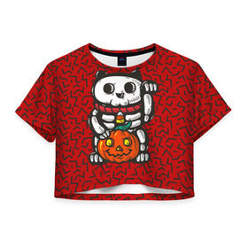 Женская футболка 3D укороченная с принтом Хэллоуинский кот в Белгороде, 100% полиэстер | круглая горловина, длина футболки до линии талии, рукава с отворотами | animal | beast | bone | cat | feline | halloween | kitty | meow | skelet | skull | животное | зверь | кости | кот | котик | кошка | мяу | скелет | тыква | хэллоуин | череп