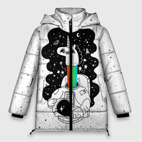 Женская зимняя куртка 3D с принтом Единорог астронавт в Белгороде, верх — 100% полиэстер; подкладка — 100% полиэстер; утеплитель — 100% полиэстер | длина ниже бедра, силуэт Оверсайз. Есть воротник-стойка, отстегивающийся капюшон и ветрозащитная планка. 

Боковые карманы с листочкой на кнопках и внутренний карман на молнии | Тематика изображения на принте: astronaut | cosmonaut | cosmos | galaxy | planet | space | star | universe | астронавт | бесконечность | вселенная | галактика | единорог | звезды | космонавт | космос | планета