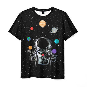 Мужская футболка 3D с принтом Космический жонглер в Белгороде, 100% полиэфир | прямой крой, круглый вырез горловины, длина до линии бедер | astronaut | cosmonaut | cosmos | galaxy | planet | space | star | universe | астронавт | вселенная | галактика | звезды | земля | космонавт | космос | луна | марс | планета | сатурн | уран