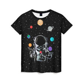 Женская футболка 3D с принтом Космический жонглер в Белгороде, 100% полиэфир ( синтетическое хлопкоподобное полотно) | прямой крой, круглый вырез горловины, длина до линии бедер | Тематика изображения на принте: astronaut | cosmonaut | cosmos | galaxy | planet | space | star | universe | астронавт | вселенная | галактика | звезды | земля | космонавт | космос | луна | марс | планета | сатурн | уран