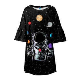 Детское платье 3D с принтом Космический жонглер в Белгороде, 100% полиэстер | прямой силуэт, чуть расширенный к низу. Круглая горловина, на рукавах — воланы | astronaut | cosmonaut | cosmos | galaxy | planet | space | star | universe | астронавт | вселенная | галактика | звезды | земля | космонавт | космос | луна | марс | планета | сатурн | уран