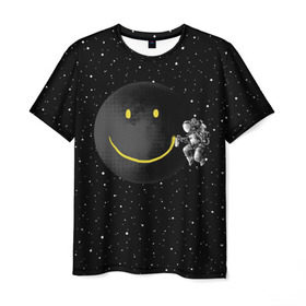 Мужская футболка 3D с принтом Лунная улыбка в Белгороде, 100% полиэфир | прямой крой, круглый вырез горловины, длина до линии бедер | astronaut | cosmonaut | cosmos | galaxy | meteor | moon | planet | smile | space | universe | астронавт | вселенная | галактика | звезды | космонавт | космос | луна | смайл | улыбка