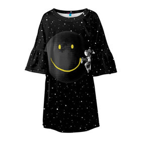Детское платье 3D с принтом Лунная улыбка в Белгороде, 100% полиэстер | прямой силуэт, чуть расширенный к низу. Круглая горловина, на рукавах — воланы | astronaut | cosmonaut | cosmos | galaxy | meteor | moon | planet | smile | space | universe | астронавт | вселенная | галактика | звезды | космонавт | космос | луна | смайл | улыбка