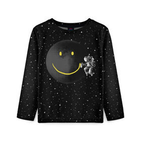 Детский лонгслив 3D с принтом Лунная улыбка в Белгороде, 100% полиэстер | длинные рукава, круглый вырез горловины, полуприлегающий силуэт
 | astronaut | cosmonaut | cosmos | galaxy | meteor | moon | planet | smile | space | universe | астронавт | вселенная | галактика | звезды | космонавт | космос | луна | смайл | улыбка