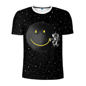 Мужская футболка 3D спортивная с принтом Лунная улыбка в Белгороде, 100% полиэстер с улучшенными характеристиками | приталенный силуэт, круглая горловина, широкие плечи, сужается к линии бедра | astronaut | cosmonaut | cosmos | galaxy | meteor | moon | planet | smile | space | universe | астронавт | вселенная | галактика | звезды | космонавт | космос | луна | смайл | улыбка