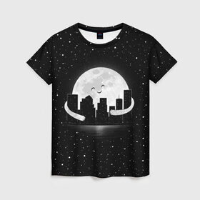 Женская футболка 3D с принтом Лунные объятия в Белгороде, 100% полиэфир ( синтетическое хлопкоподобное полотно) | прямой крой, круглый вырез горловины, длина до линии бедер | astronaut | city | cosmonaut | cosmos | galaxy | moon | planet | smile | space | universe | астронавт | вселенная | галактика | город | звезды | космонавт | космос | луна | смайл | улыбка