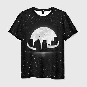 Мужская футболка 3D с принтом Лунные объятия в Белгороде, 100% полиэфир | прямой крой, круглый вырез горловины, длина до линии бедер | astronaut | city | cosmonaut | cosmos | galaxy | moon | planet | smile | space | universe | астронавт | вселенная | галактика | город | звезды | космонавт | космос | луна | смайл | улыбка