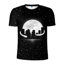 Мужская футболка 3D спортивная с принтом Лунные объятия в Белгороде, 100% полиэстер с улучшенными характеристиками | приталенный силуэт, круглая горловина, широкие плечи, сужается к линии бедра | astronaut | city | cosmonaut | cosmos | galaxy | moon | planet | smile | space | universe | астронавт | вселенная | галактика | город | звезды | космонавт | космос | луна | смайл | улыбка