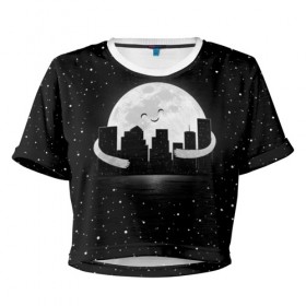 Женская футболка 3D укороченная с принтом Лунные объятия в Белгороде, 100% полиэстер | круглая горловина, длина футболки до линии талии, рукава с отворотами | astronaut | city | cosmonaut | cosmos | galaxy | moon | planet | smile | space | universe | астронавт | вселенная | галактика | город | звезды | космонавт | космос | луна | смайл | улыбка