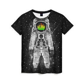 Женская футболка 3D с принтом Музыкальный космонавт в Белгороде, 100% полиэфир ( синтетическое хлопкоподобное полотно) | прямой крой, круглый вырез горловины, длина до линии бедер | astronaut | cosmonaut | dj | eqializer | galaxy | moon | music | planet | space | star | universe | астронавт | вселенная | галактика | диджей | космонавт | космос | музыка | эквалайзер
