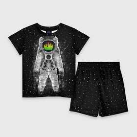 Детский костюм с шортами 3D с принтом Музыкальный космонавт в Белгороде,  |  | astronaut | cosmonaut | dj | eqializer | galaxy | moon | music | planet | space | star | universe | астронавт | вселенная | галактика | диджей | космонавт | космос | музыка | эквалайзер