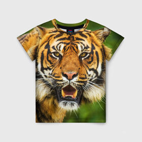 Детская футболка 3D с принтом Тигр в Белгороде, 100% гипоаллергенный полиэфир | прямой крой, круглый вырез горловины, длина до линии бедер, чуть спущенное плечо, ткань немного тянется | Тематика изображения на принте: дикая кошка | животное | клыки | лев | тигр. tiger | хищник