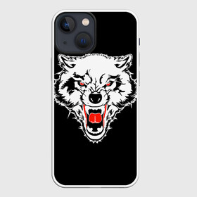 Чехол для iPhone 13 mini с принтом Волк в Белгороде,  |  | animal | background | black | eyes | fangs | head | predator | red | teeth | white | wolf | белый | волк | глаза | голова | животное | зверь | клыки | красные | оскал | фон | хищник | черный