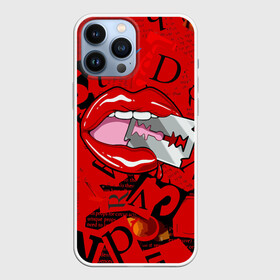 Чехол для iPhone 13 Pro Max с принтом Поп арт, опасная бритва в Белгороде,  |  | Тематика изображения на принте: blade | blood | dangerous | drop | letters | lips | pop   art | razor | бритва | буквы | губы | капля | кровь | лезвие | опасная | поп арт