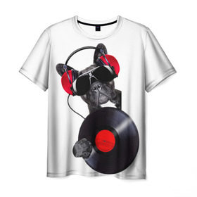 Мужская футболка 3D с принтом DJ бульдог в Белгороде, 100% полиэфир | прямой крой, круглый вырез горловины, длина до линии бедер | Тематика изображения на принте: бульдог | винил | диджей | музыка | наушники | очки | пёс | пластинка | собака | юмор