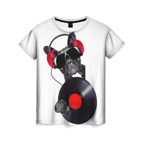 Женская футболка 3D с принтом DJ бульдог в Белгороде, 100% полиэфир ( синтетическое хлопкоподобное полотно) | прямой крой, круглый вырез горловины, длина до линии бедер | бульдог | винил | диджей | музыка | наушники | очки | пёс | пластинка | собака | юмор