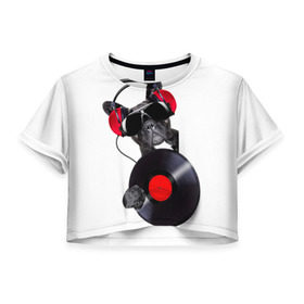 Женская футболка 3D укороченная с принтом DJ бульдог в Белгороде, 100% полиэстер | круглая горловина, длина футболки до линии талии, рукава с отворотами | бульдог | винил | диджей | музыка | наушники | очки | пёс | пластинка | собака | юмор