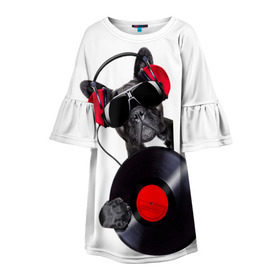 Детское платье 3D с принтом DJ бульдог в Белгороде, 100% полиэстер | прямой силуэт, чуть расширенный к низу. Круглая горловина, на рукавах — воланы | бульдог | винил | диджей | музыка | наушники | очки | пёс | пластинка | собака | юмор