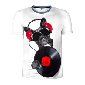Мужская футболка 3D спортивная с принтом DJ бульдог в Белгороде, 100% полиэстер с улучшенными характеристиками | приталенный силуэт, круглая горловина, широкие плечи, сужается к линии бедра | бульдог | винил | диджей | музыка | наушники | очки | пёс | пластинка | собака | юмор