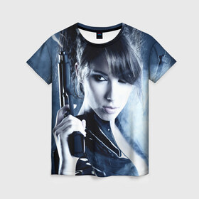 Женская футболка 3D с принтом Девушка с оружием в Белгороде, 100% полиэфир ( синтетическое хлопкоподобное полотно) | прямой крой, круглый вырез горловины, длина до линии бедер | брюнетка | девушка | оружие | пистолет