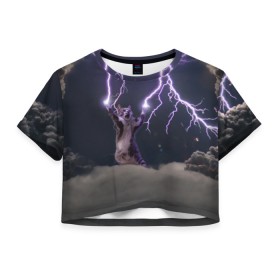 Женская футболка 3D укороченная с принтом Грозовой кошак в Белгороде, 100% полиэстер | круглая горловина, длина футболки до линии талии, рукава с отворотами | lightning cat