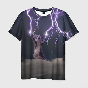 Мужская футболка 3D с принтом Грозовой кошак в Белгороде, 100% полиэфир | прямой крой, круглый вырез горловины, длина до линии бедер | lightning cat