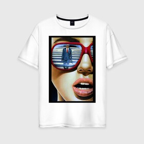 Женская футболка хлопок Oversize с принтом Девушка в очках в Белгороде, 100% хлопок | свободный крой, круглый ворот, спущенный рукав, длина до линии бедер
 | губы | зеркало | костюм | очки