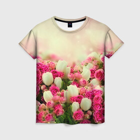 Женская футболка 3D с принтом Цветы в Белгороде, 100% полиэфир ( синтетическое хлопкоподобное полотно) | прямой крой, круглый вырез горловины, длина до линии бедер | розовый | розы | цветы | яркий