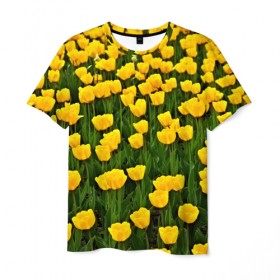 Мужская футболка 3D с принтом Жёлтые тюльпаны в Белгороде, 100% полиэфир | прямой крой, круглый вырез горловины, длина до линии бедер | Тематика изображения на принте: поле | цветы | яркий