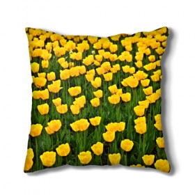 Подушка 3D с принтом Жёлтые тюльпаны в Белгороде, наволочка – 100% полиэстер, наполнитель – холлофайбер (легкий наполнитель, не вызывает аллергию). | состоит из подушки и наволочки. Наволочка на молнии, легко снимается для стирки | поле | цветы | яркий