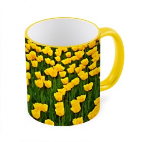 Кружка 3D с принтом Жёлтые тюльпаны в Белгороде, керамика | ёмкость 330 мл | Тематика изображения на принте: поле | цветы | яркий